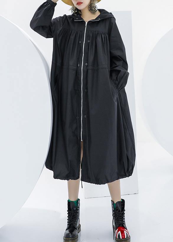 Elegant black oversized maxi coat hooded pockets zippered coat - bagstylebliss