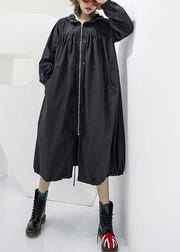 Elegant black oversized maxi coat hooded pockets zippered coat - bagstylebliss