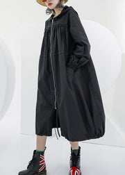 Elegant black oversized maxi coat hooded pockets zippered coat - bagstylebliss