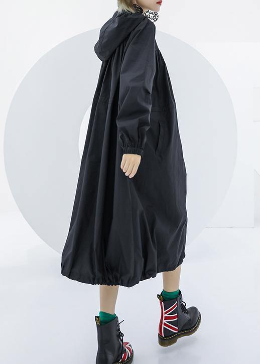 Elegant black oversized maxi coat hooded pockets zippered coat - bagstylebliss