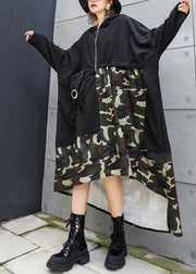 Elegant black patchwork camouflage hooded low high design cotton Dress - bagstylebliss