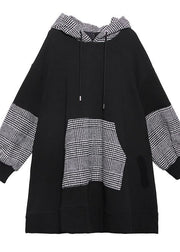 Elegant black patchwork cotton Tunic thick Dresses hooded top - bagstylebliss