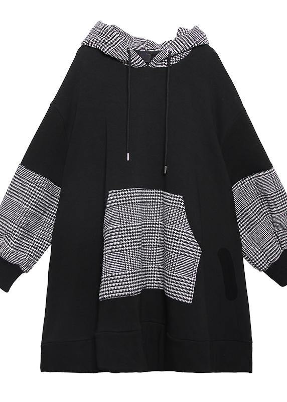 Elegant black patchwork cotton Tunic thick Dresses hooded top - bagstylebliss