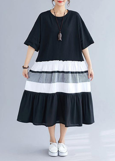 Elegant black patchwork cotton tunics for women o neck long summer Dress - bagstylebliss