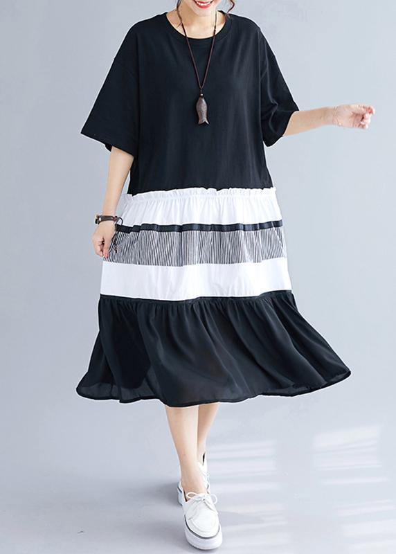 Elegant black patchwork cotton tunics for women o neck long summer Dress - bagstylebliss