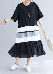 Elegant black patchwork cotton tunics for women o neck long summer Dress - bagstylebliss