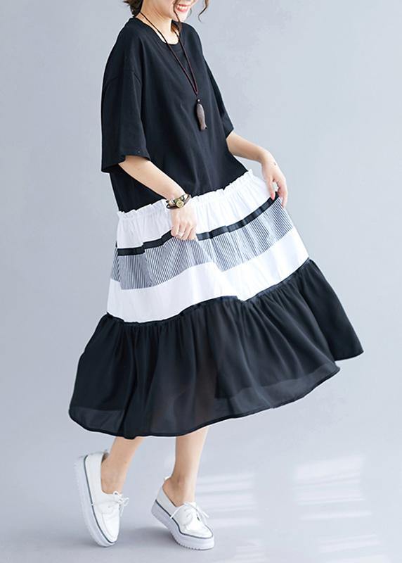 Elegant black patchwork cotton tunics for women o neck long summer Dress - bagstylebliss