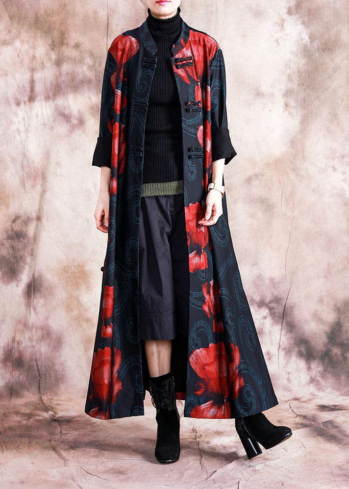 Elegant black patchwork red print oversize long Chinese Button fall coat - bagstylebliss