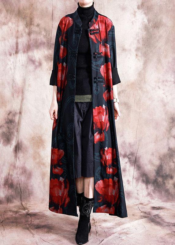 Elegant black patchwork red print oversize long Chinese Button fall coat - bagstylebliss