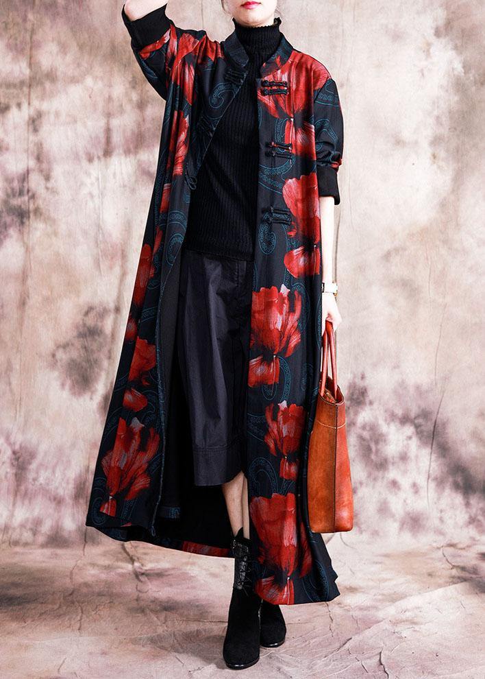 Elegant black patchwork red print oversize long Chinese Button fall coat - bagstylebliss