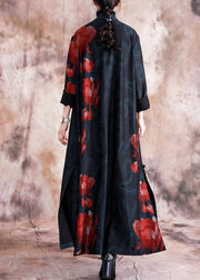 Elegant black patchwork red print oversize long Chinese Button fall coat - bagstylebliss