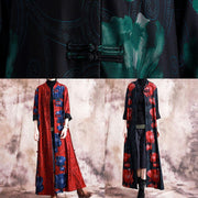 Elegant black patchwork red print oversize long Chinese Button fall coat - bagstylebliss