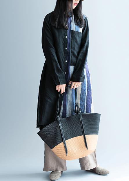 Elegant black patchwork striped Tunic lapel Art Dress - bagstylebliss