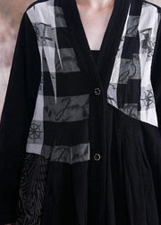 Elegant black print Coats plus size fall v neck patchwork coat - bagstylebliss