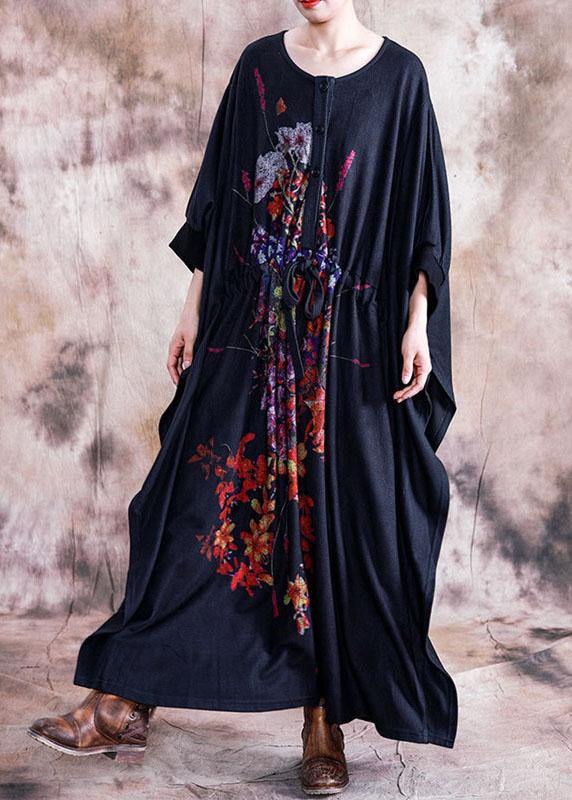 Elegant black print cotton dress o neck asymmetric fall Dress - bagstylebliss