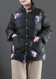 Elegant black print warm winter coat Loose fitting womens parka stand collar pockets Fine overcoat - bagstylebliss