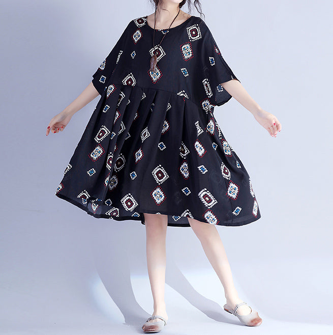 Elegant black prints Midi-length cotton dress casual traveling clothing New hig waist Cinched batwing sleeve cotton clothing dress