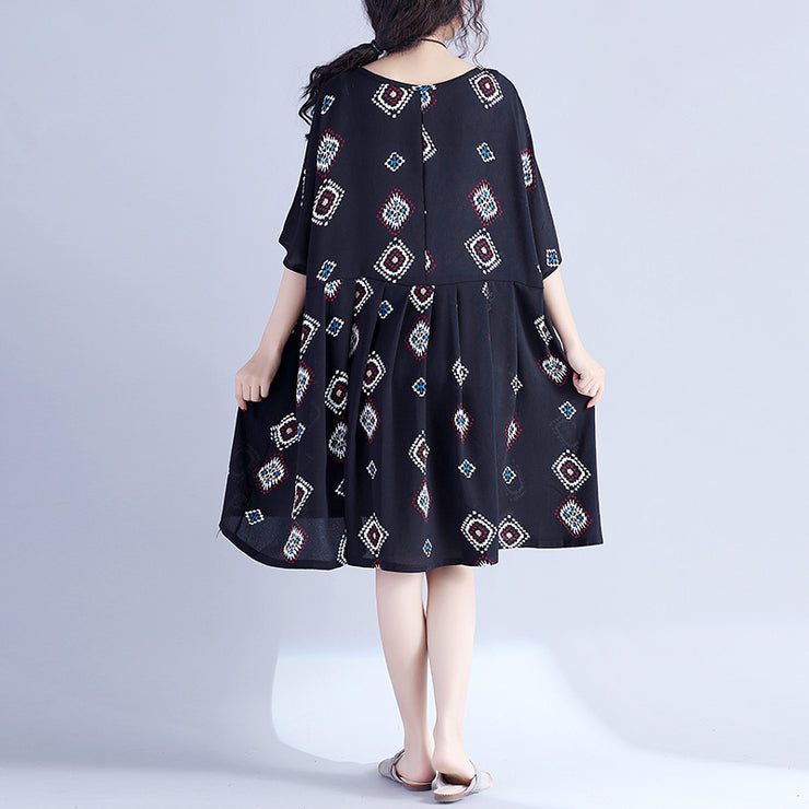 Elegante schwarze Drucke Midi-Länge Baumwollkleid lässige Reisekleidung Neues Baumwollkleid mit hoher Taille und Fledermausärmeln