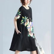 Elegant black prints pure linen dresses plus size clothing linen cotton dress vintage wild short sleeve o neck linen dress