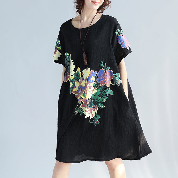 Elegant black prints pure linen dresses plus size clothing linen cotton dress vintage wild short sleeve o neck linen dress