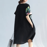 Elegant black prints pure linen dresses plus size clothing linen cotton dress vintage wild short sleeve o neck linen dress