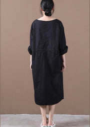 Elegant black quilting dresses o neck drawstring Kaftan spring Dresses - bagstylebliss