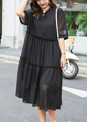 Elegant black ruffles chiffon clothes For Women stand collar Art summer Dress - bagstylebliss