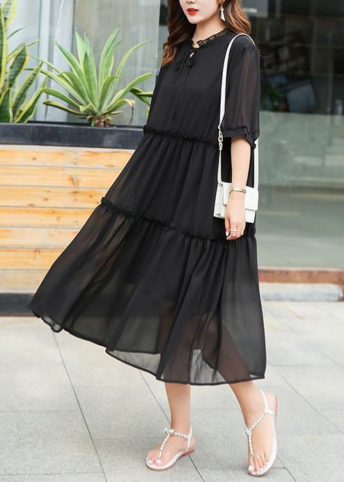 Elegant black ruffles chiffon clothes For Women stand collar Art summer Dress - bagstylebliss