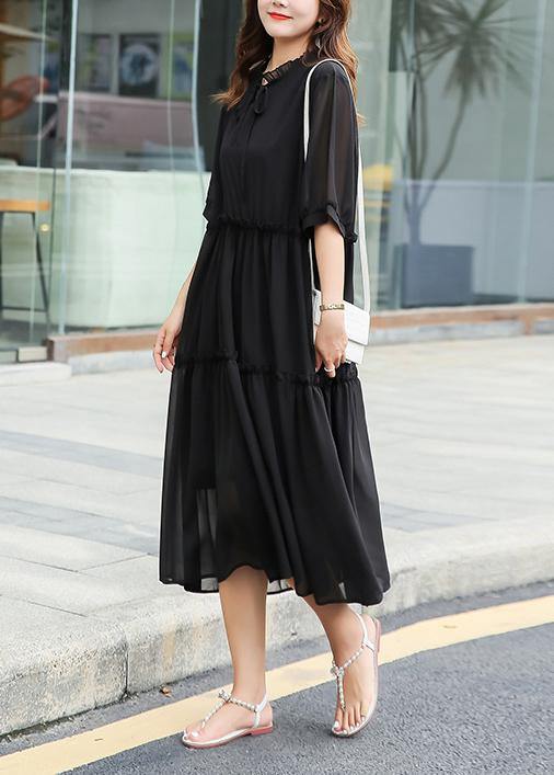 Elegant black ruffles chiffon clothes For Women stand collar Art summer Dress - bagstylebliss