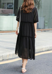 Elegant black ruffles chiffon clothes For Women stand collar Art summer Dress - bagstylebliss