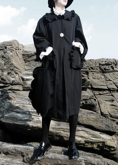 Elegant black stand collar cotton clothes Women flare sleeve cotton robes ruffles shirt Dress - bagstylebliss