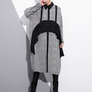 Elegant black white plaid cotton caftans plus size ruffles cotton clothing dress Fine lapel collar cotton caftans