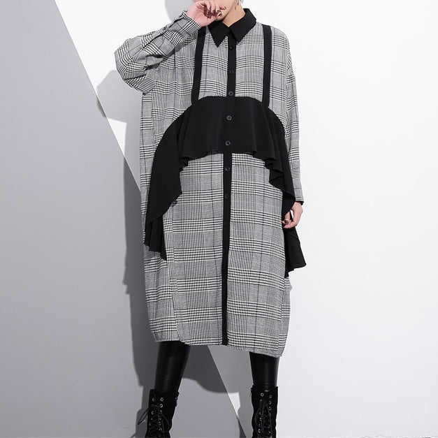 Elegant black white plaid cotton caftans plus size ruffles cotton clothing dress Fine lapel collar cotton caftans