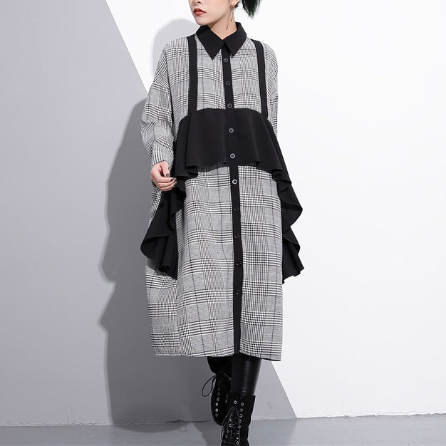 Elegant black white plaid cotton caftans plus size ruffles cotton clothing dress Fine lapel collar cotton caftans