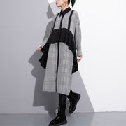 Elegant black white plaid cotton caftans plus size ruffles cotton clothing dress Fine lapel collar cotton caftans