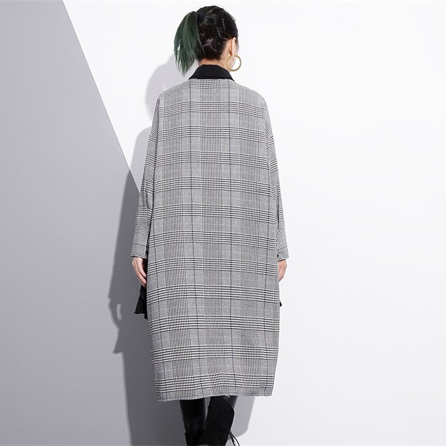 Elegant black white plaid cotton caftans plus size ruffles cotton clothing dress Fine lapel collar cotton caftans