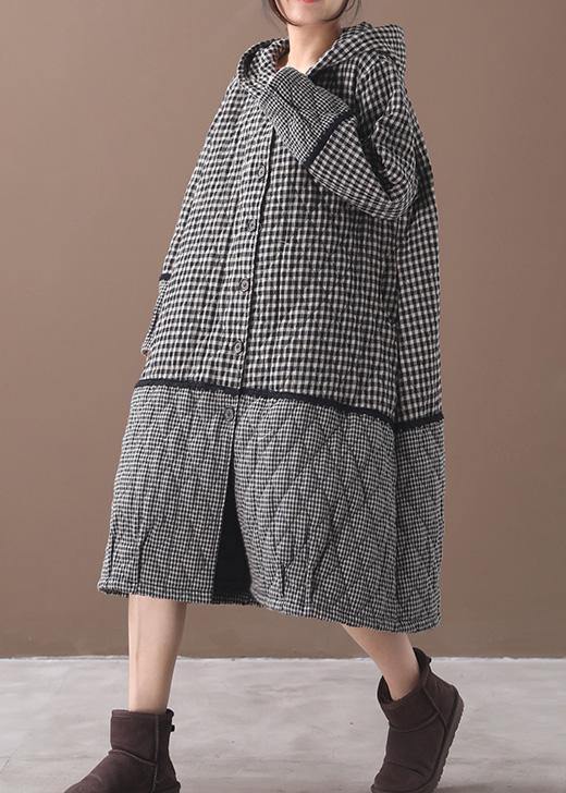Elegant black white plaid winter coats plus size clothing hooded patchwork winter outwear - bagstylebliss
