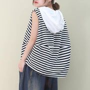 Elegant black white striped cotton top hooded sleeveless baggy blouse - bagstylebliss