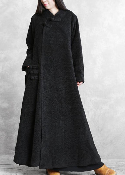 Elegant black woolen outwear plus size clothing stand collar asymmetric long coat - bagstylebliss