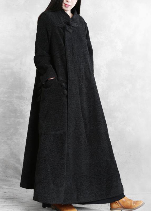 Elegant black woolen outwear plus size clothing stand collar asymmetric long coat - bagstylebliss