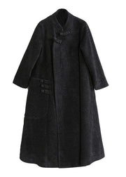 Elegant black woolen outwear plus size clothing stand collar asymmetric long coat - bagstylebliss