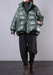 Elegant blackish green warm winter coat trendy plus size stand collar zippered Casual Jackets - bagstylebliss