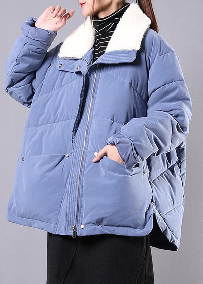 Elegant blue Parkas for women Loose fitting winter jacket lapel pockets zippered overcoat - bagstylebliss