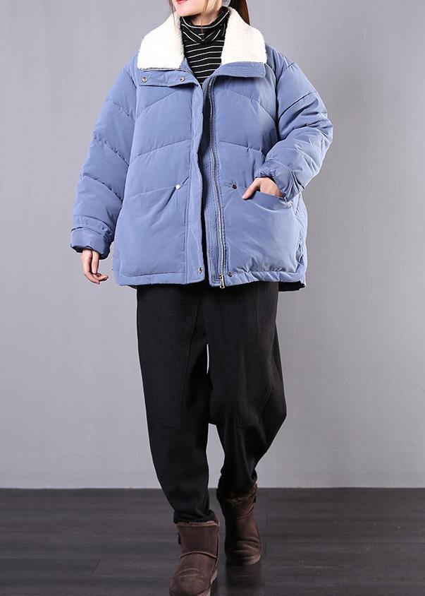 Elegant blue Parkas for women Loose fitting winter jacket lapel pockets zippered overcoat - bagstylebliss