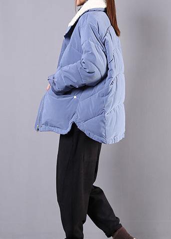 Elegant blue Parkas for women Loose fitting winter jacket lapel pockets zippered overcoat - bagstylebliss