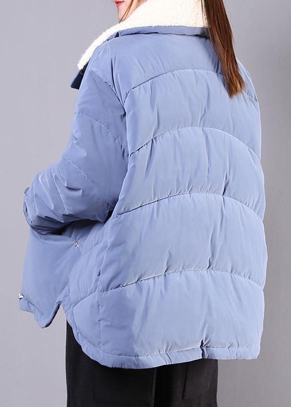 Elegant blue Parkas for women Loose fitting winter jacket lapel pockets zippered overcoat - bagstylebliss