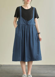 Elegant blue cotton Tunics o neck false two pieces Maxi summer Dresses - bagstylebliss