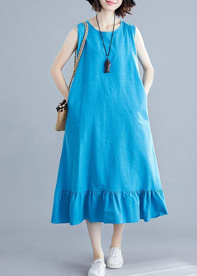 Elegant blue cotton clothes For Women o neck sleeveless A Line summer Dresses - bagstylebliss