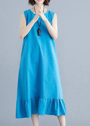 Elegant blue cotton clothes For Women o neck sleeveless A Line summer Dresses - bagstylebliss