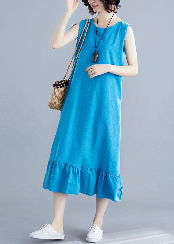 Elegant blue cotton clothes For Women o neck sleeveless A Line summer Dresses - bagstylebliss